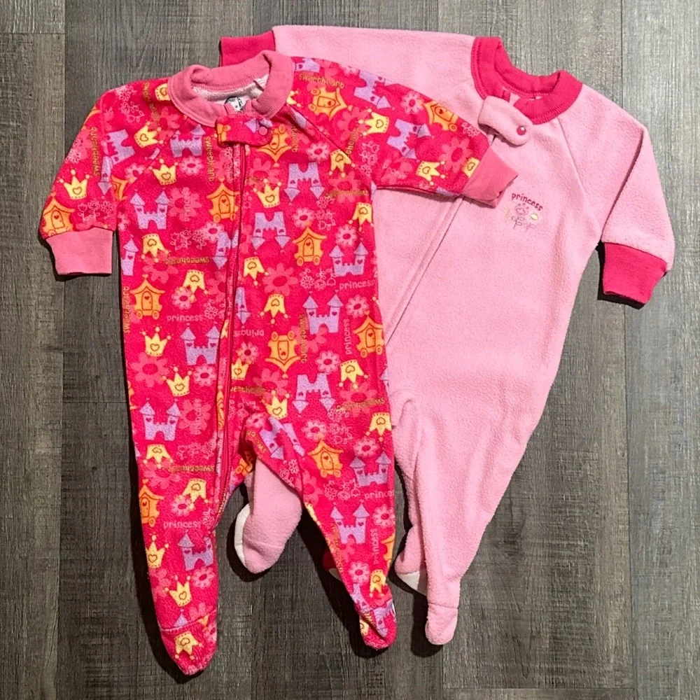Set of 2 Infant & Baby Girl Size 6 Months Pink “Princess” Footie Pajamas